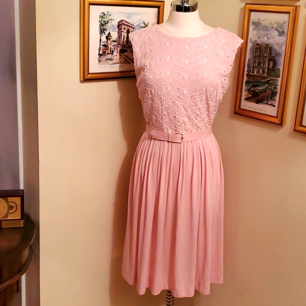 Vintage 60s Carol Brent Pink Art Deco Retro Dress